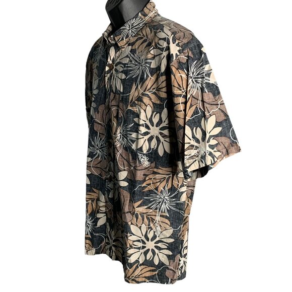 Vintage 90s Bishop St Reverse Print Hawaiian Shirt XL Black Floral Camp Pocket - Picture 3 of 6